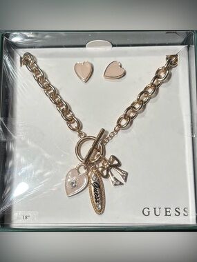 Guess Gold-Tone Necklace with Pink Heart, Bow & Logo Charms